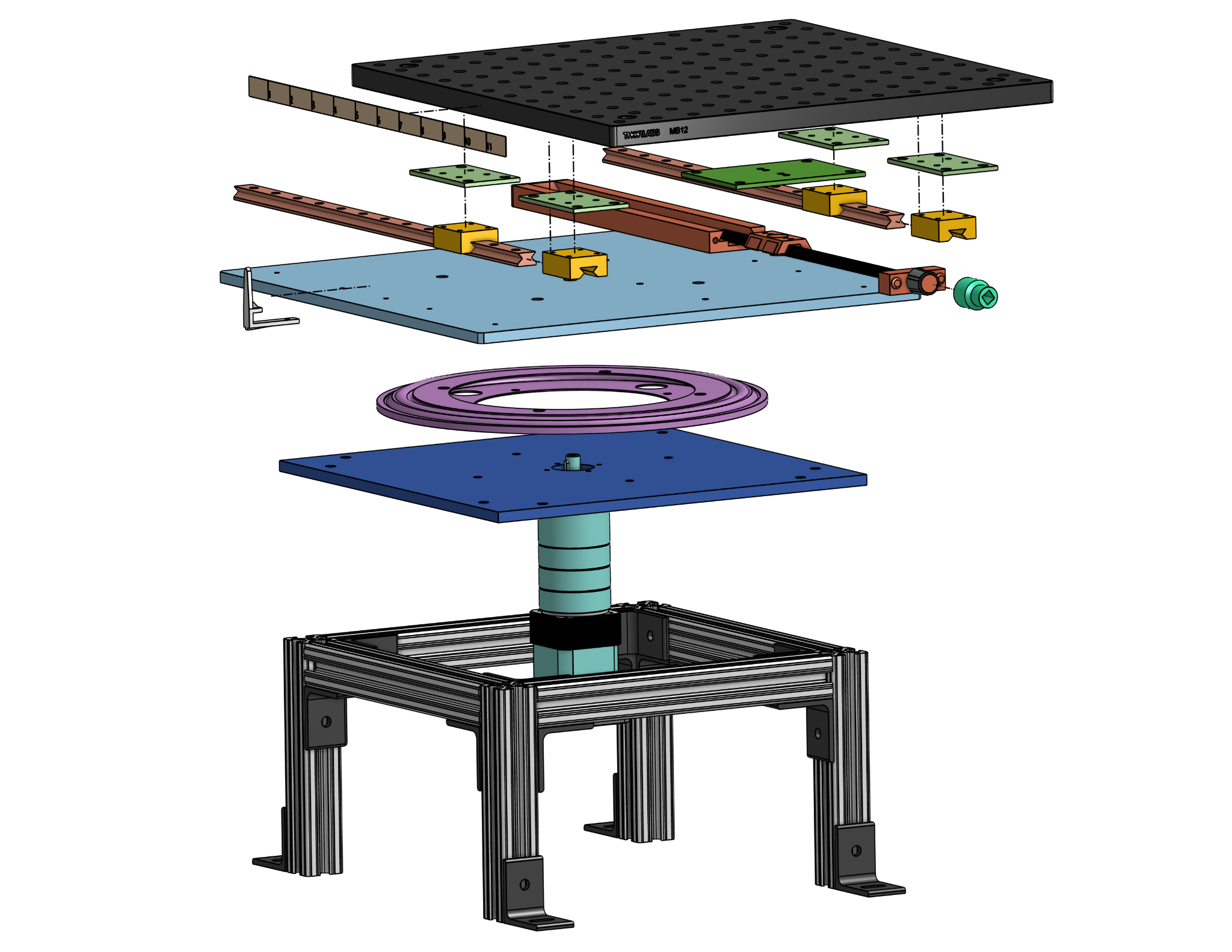 Exploded mechanical assembly of the optical motion testbed