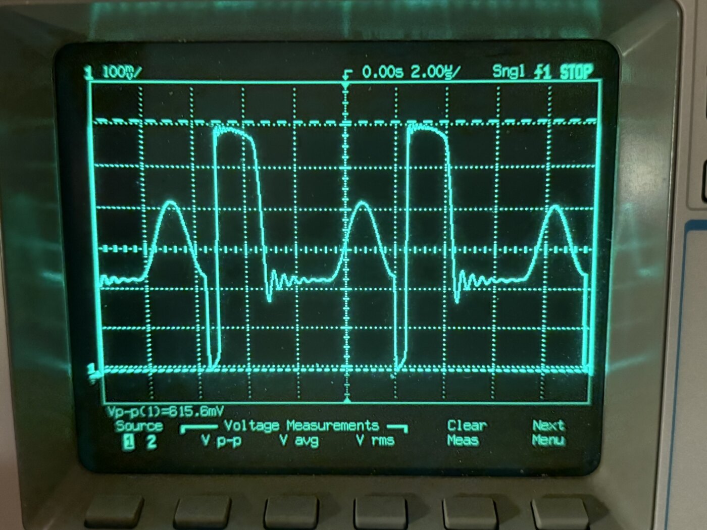 Oscilloscope photograph showing the flyback converter drain switching waveform