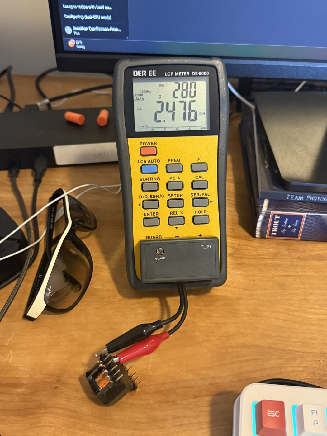 Meter photograph documenting a primary inductance measurement on the flyback transformer